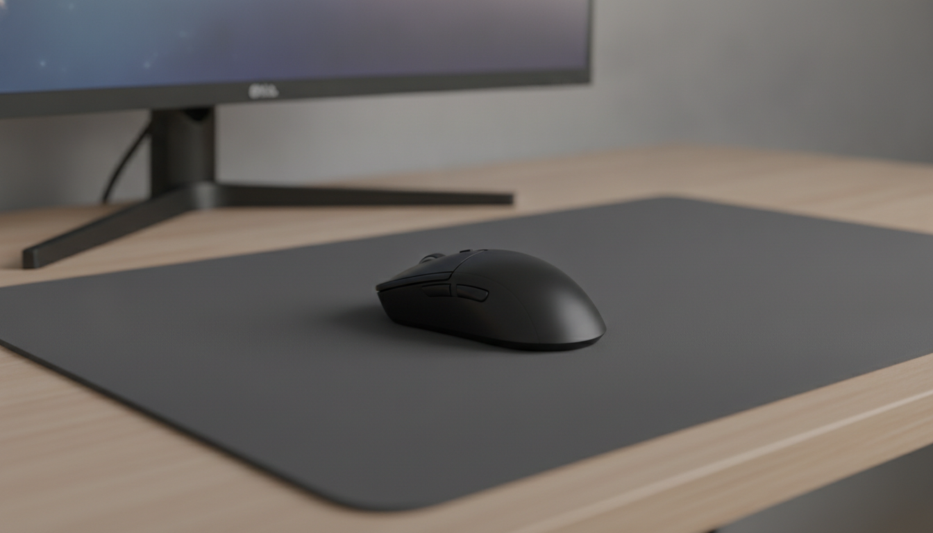 Gaming mouse on a clean desk beside a mouse pad, presented as a general sensor-testing workspace