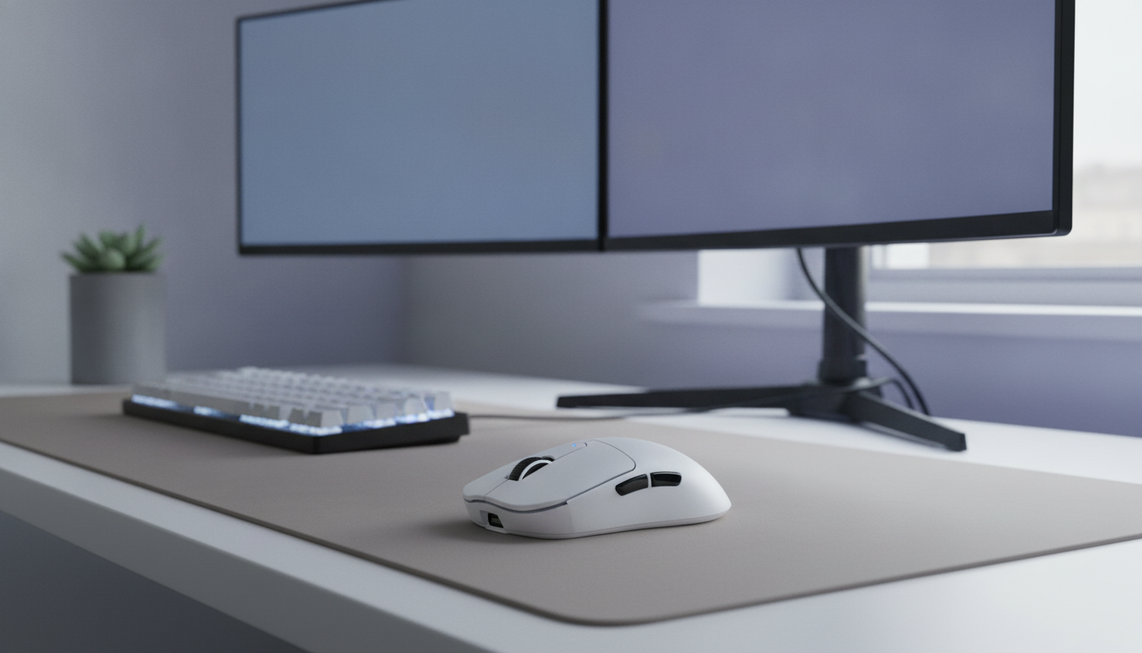 Lightweight wireless gaming mouse arranged on a clean gaming desk for a broad product and fit overview