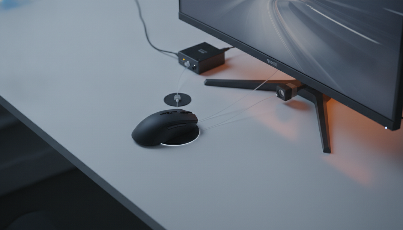 Gaming mouse beside a latency testing setup with a monitor and measurement equipment