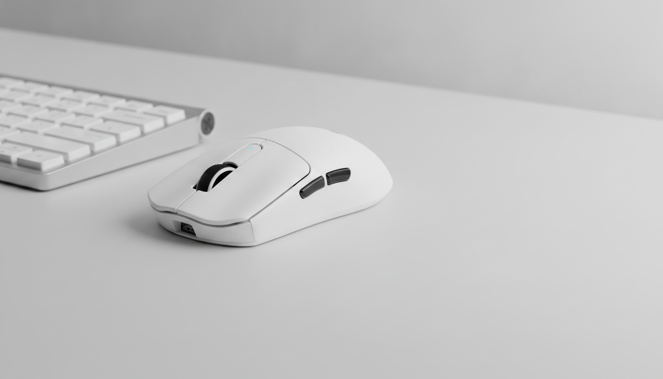 Gaming mouse arranged on a clean desktop in a broad product-focused setup for evaluating long-session comfort.