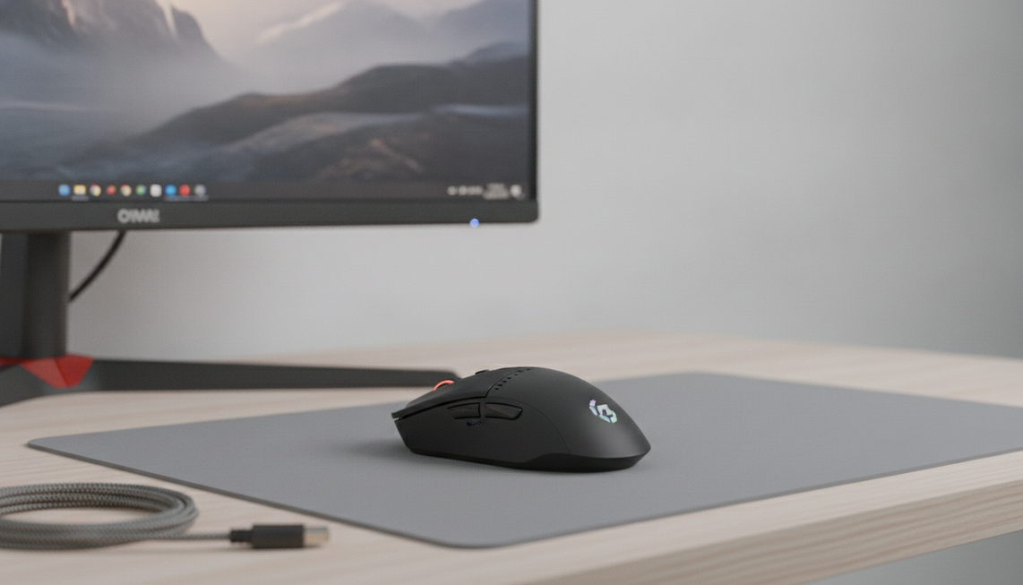 Wireless gaming mouse arranged as the focal product in a clean desktop gaming setup