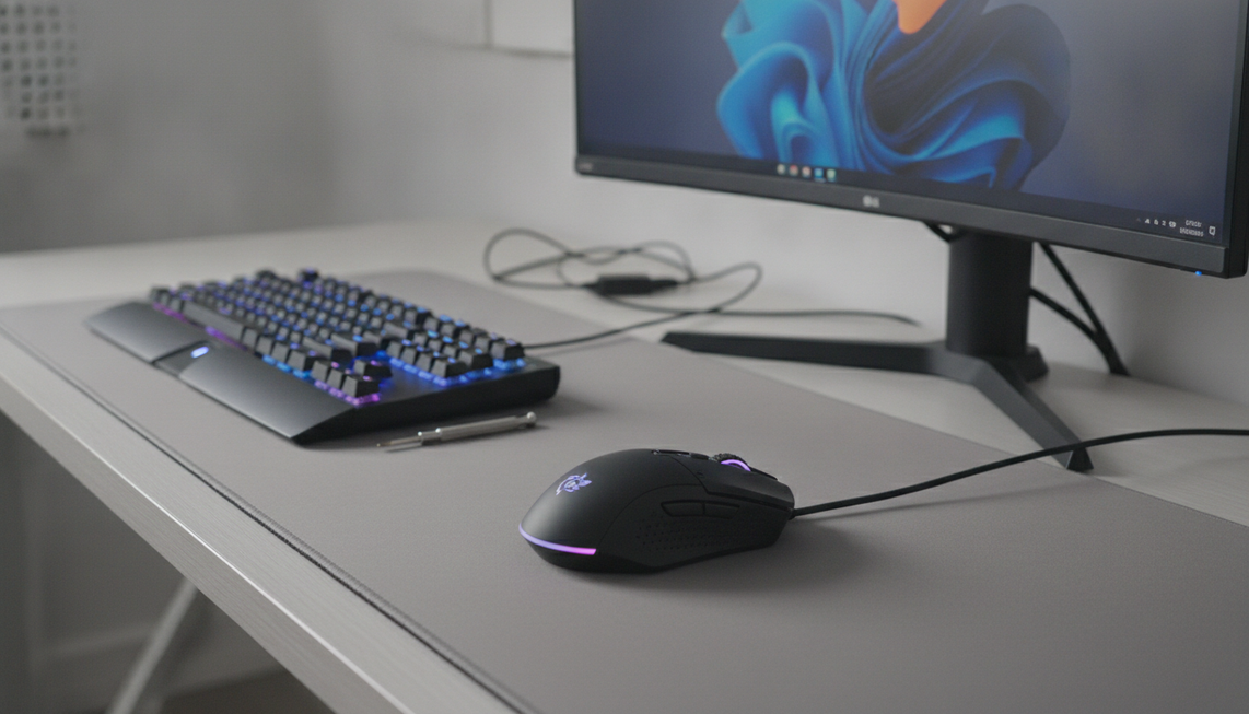 Gaming mouse beside a keyboard on a clean desktop, representing scroll wheel troubleshooting