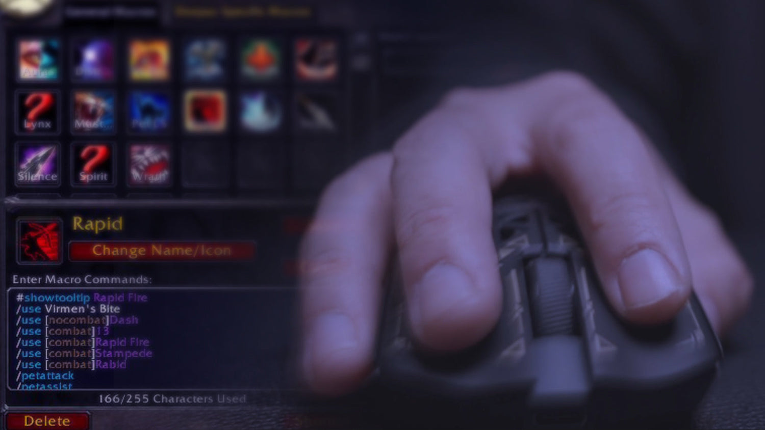 A close-up of a hand on a gaming mouse, with the World of Warcraft macro interface open for creating a new command