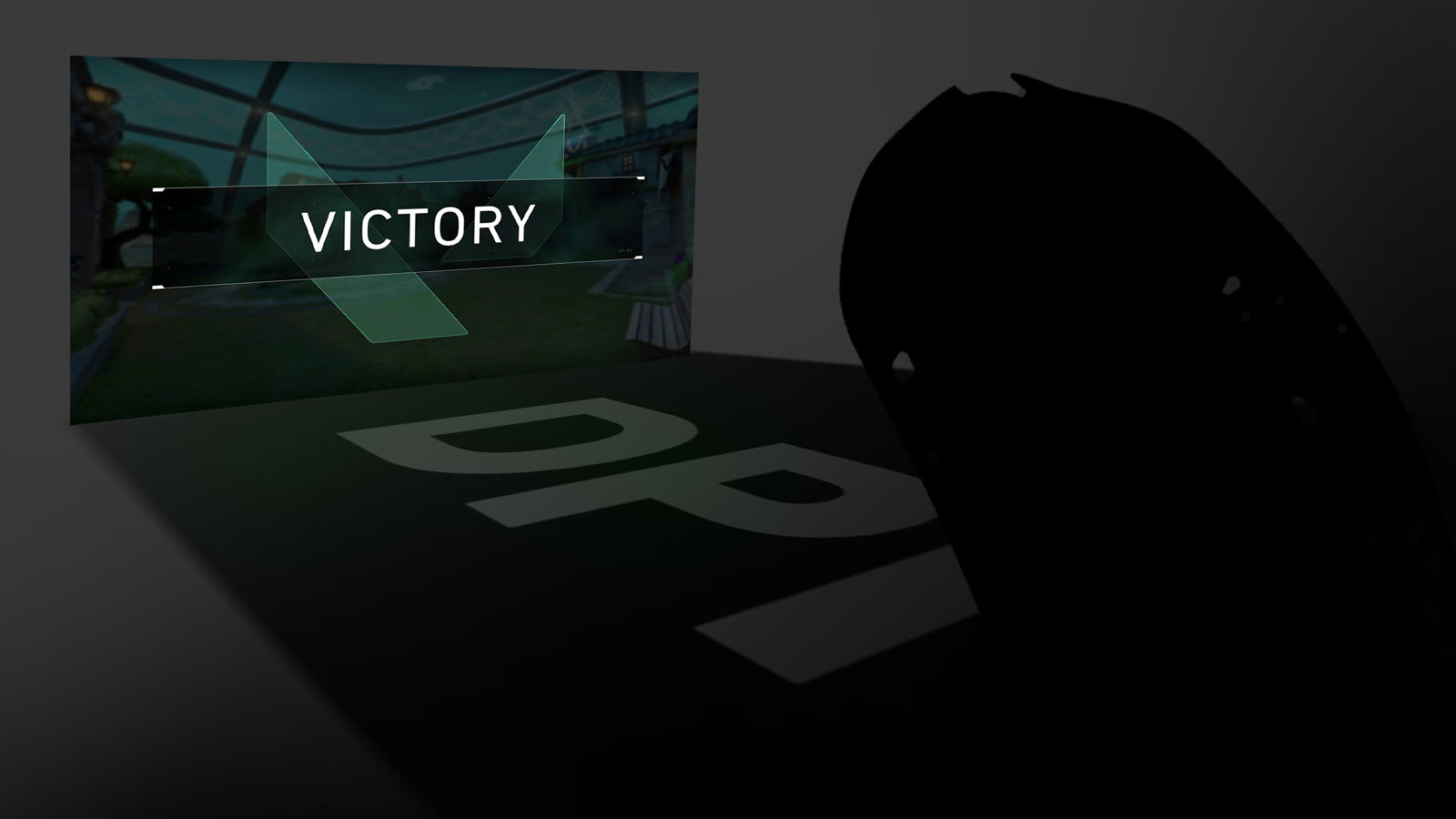 A silhouetted gaming mouse on a mousepad with "DPI" text, in front of a screen displaying "VICTORY" from a video game