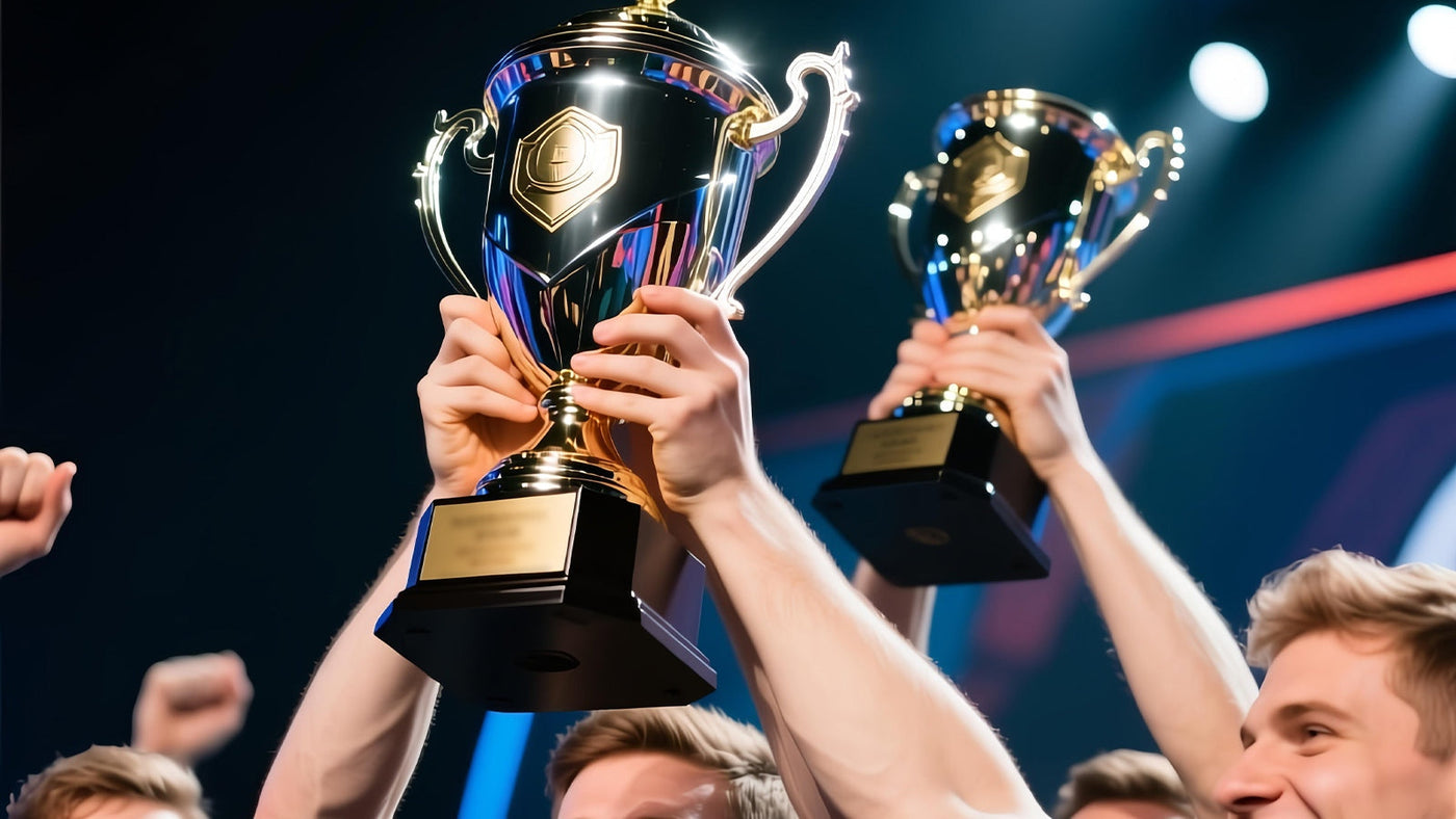 A team of champions celebrating their victory by lifting two large gold trophies on stage