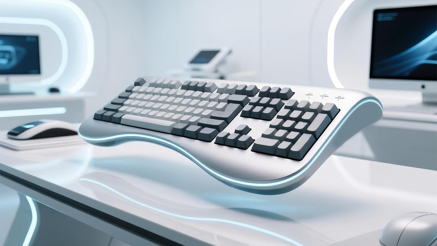 A futuristic silver ergonomic keyboard with a blue glow, levitating over a sleek white desk