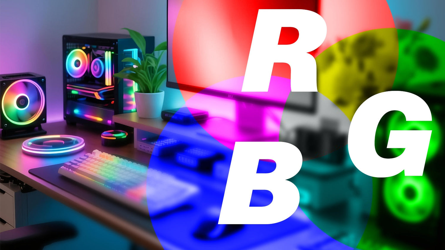 A gaming PC setup with vibrant RGB lighting on a desk, featuring a glowing keyboard, case fans, and other accessories
