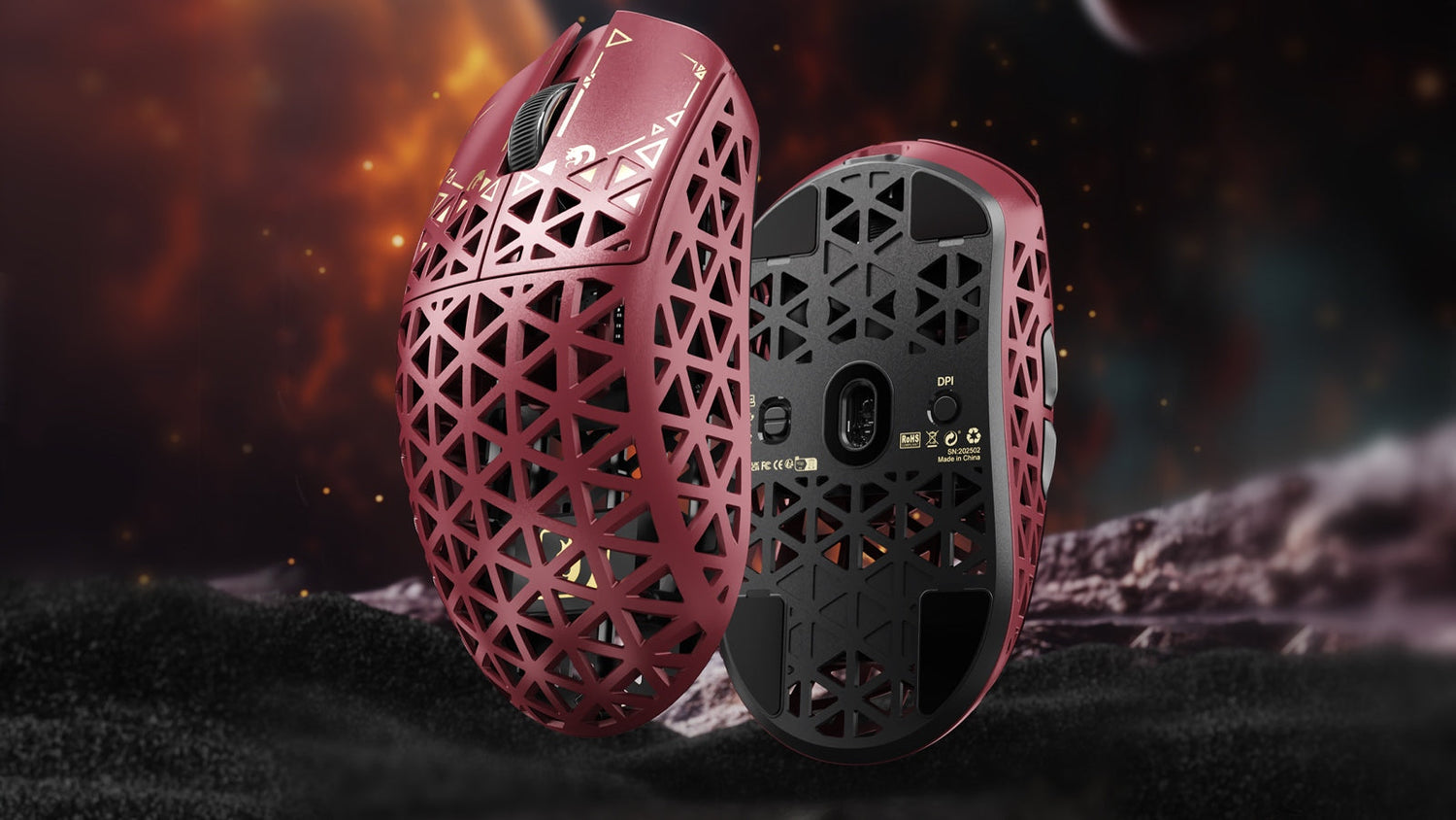 A red, hollow-body gaming mouse is displayed from two angles on a rocky, cosmic landscape.