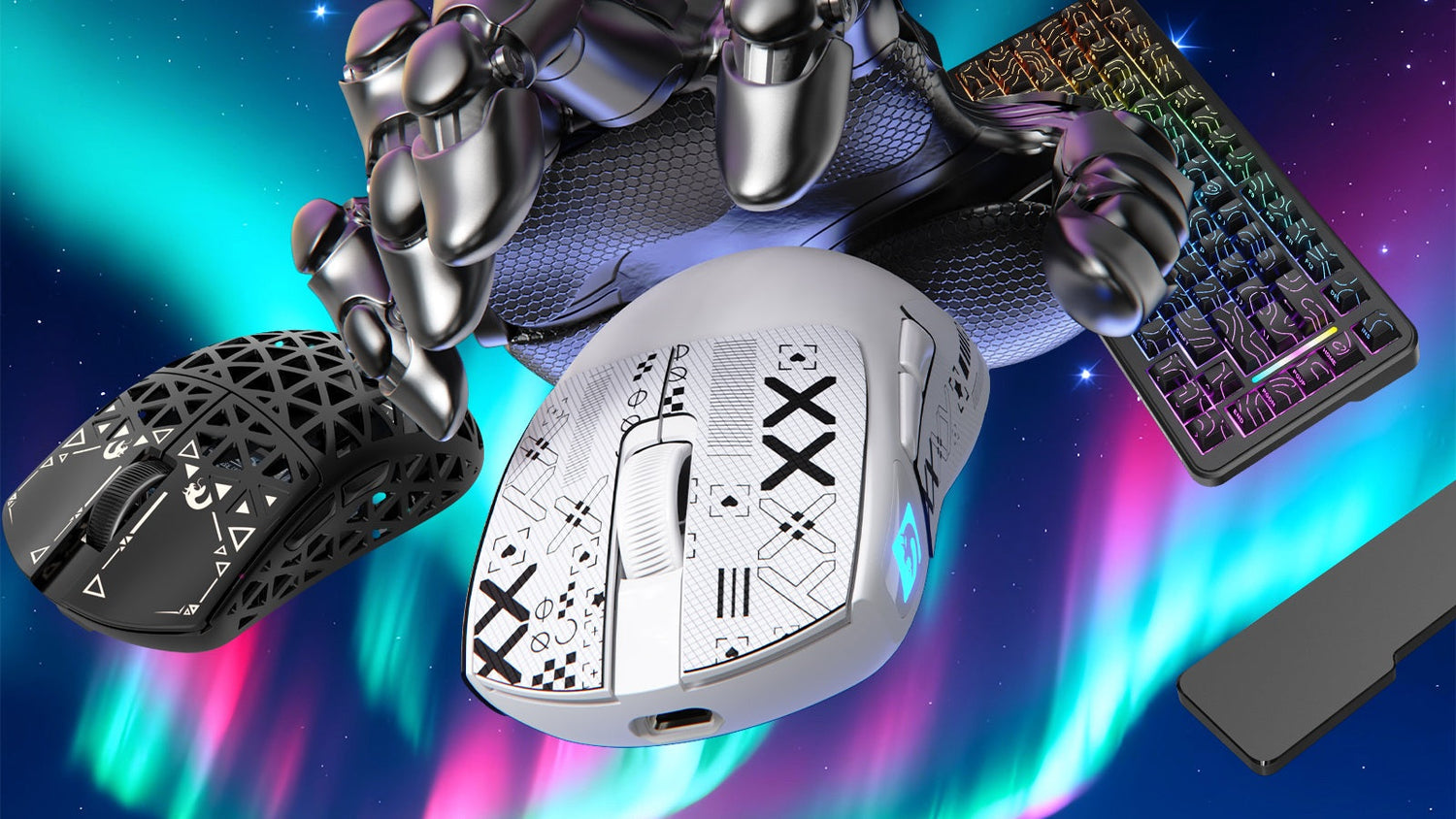 A robotic hand presents gaming peripherals, including two mice and a keyboard, against a vibrant aurora-filled sky