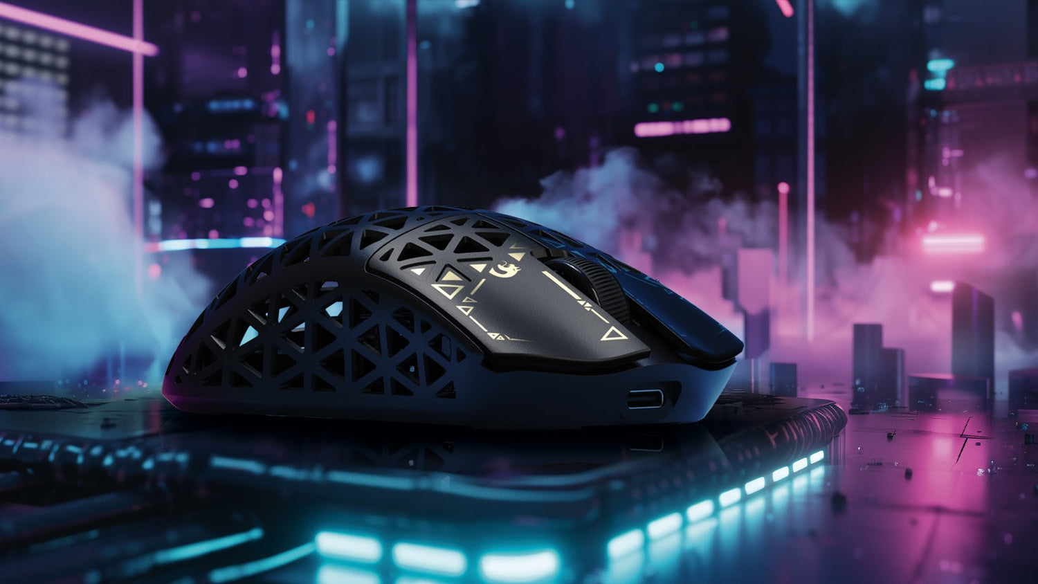 Black honeycomb-shell gaming mouse with gold accents set against a neon pink and blue cyberpunk cityscape