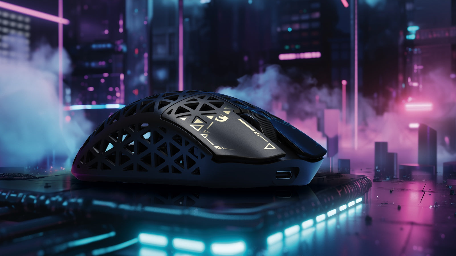 Black honeycomb-shell gaming mouse with gold accents set against a neon pink and blue cyberpunk cityscape
