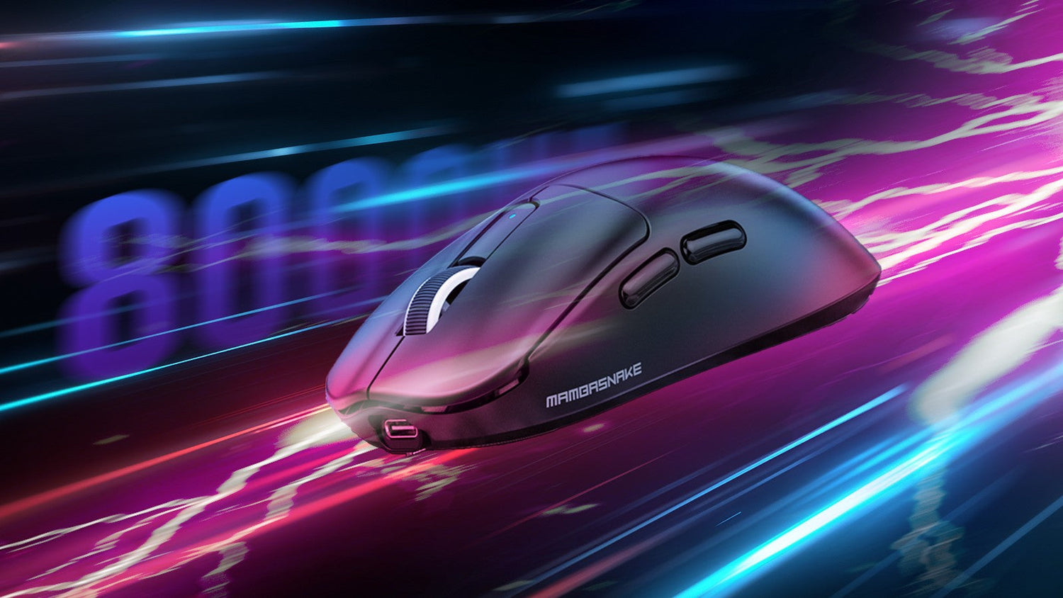 A black Mambasnake wireless gaming mouse with a futuristic background of purple and blue light streaks suggesting speed