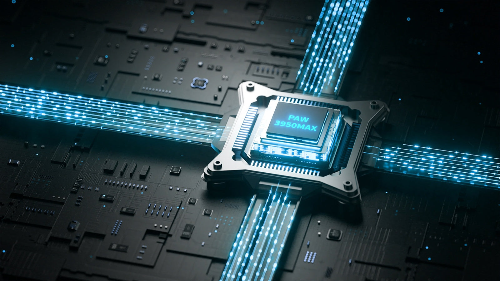 A glowing blue microprocessor actively channels streams of digital information on a complex circuit board.