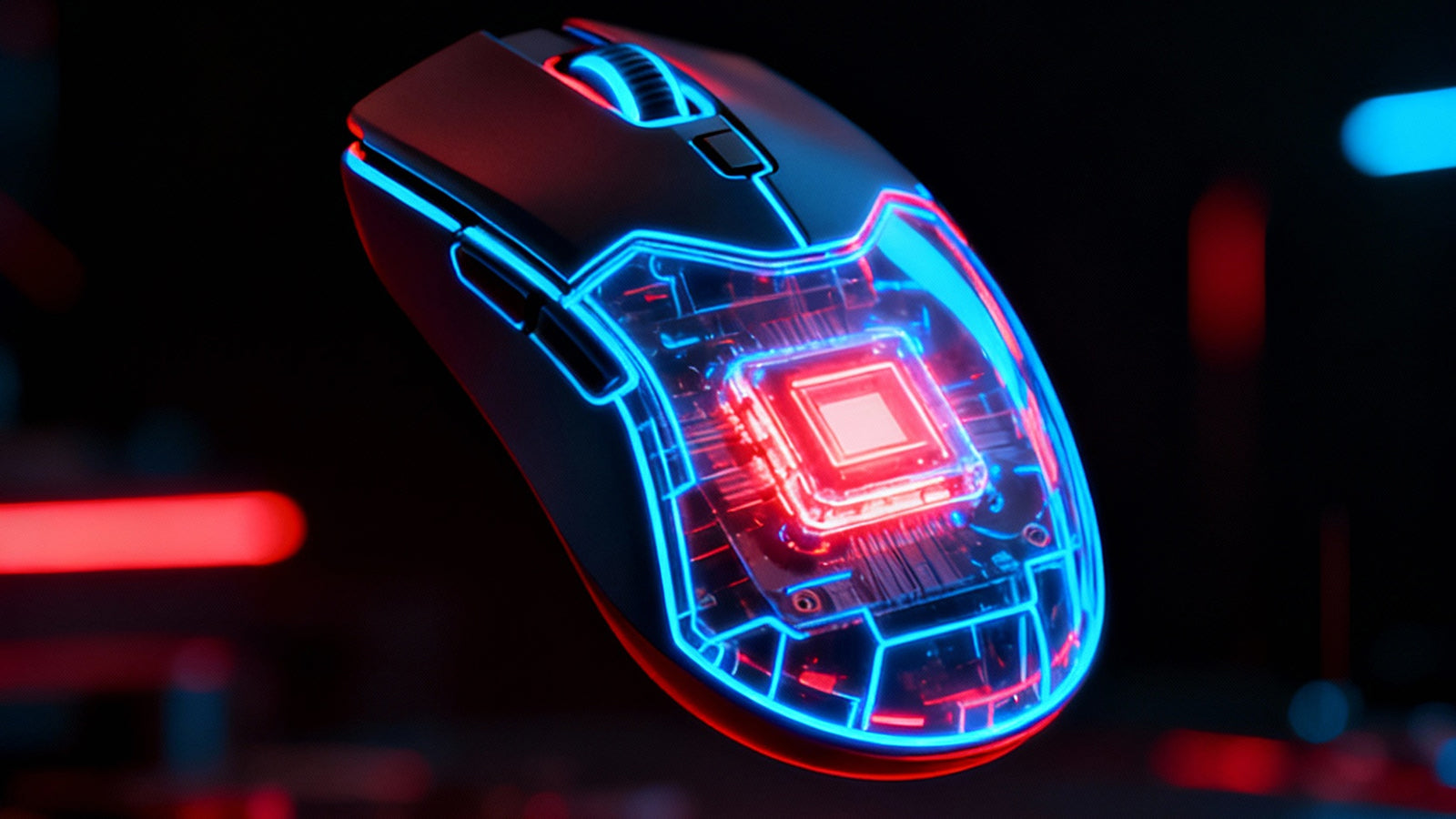 A futuristic computer mouse glowing with neon blue and red circuitry details.