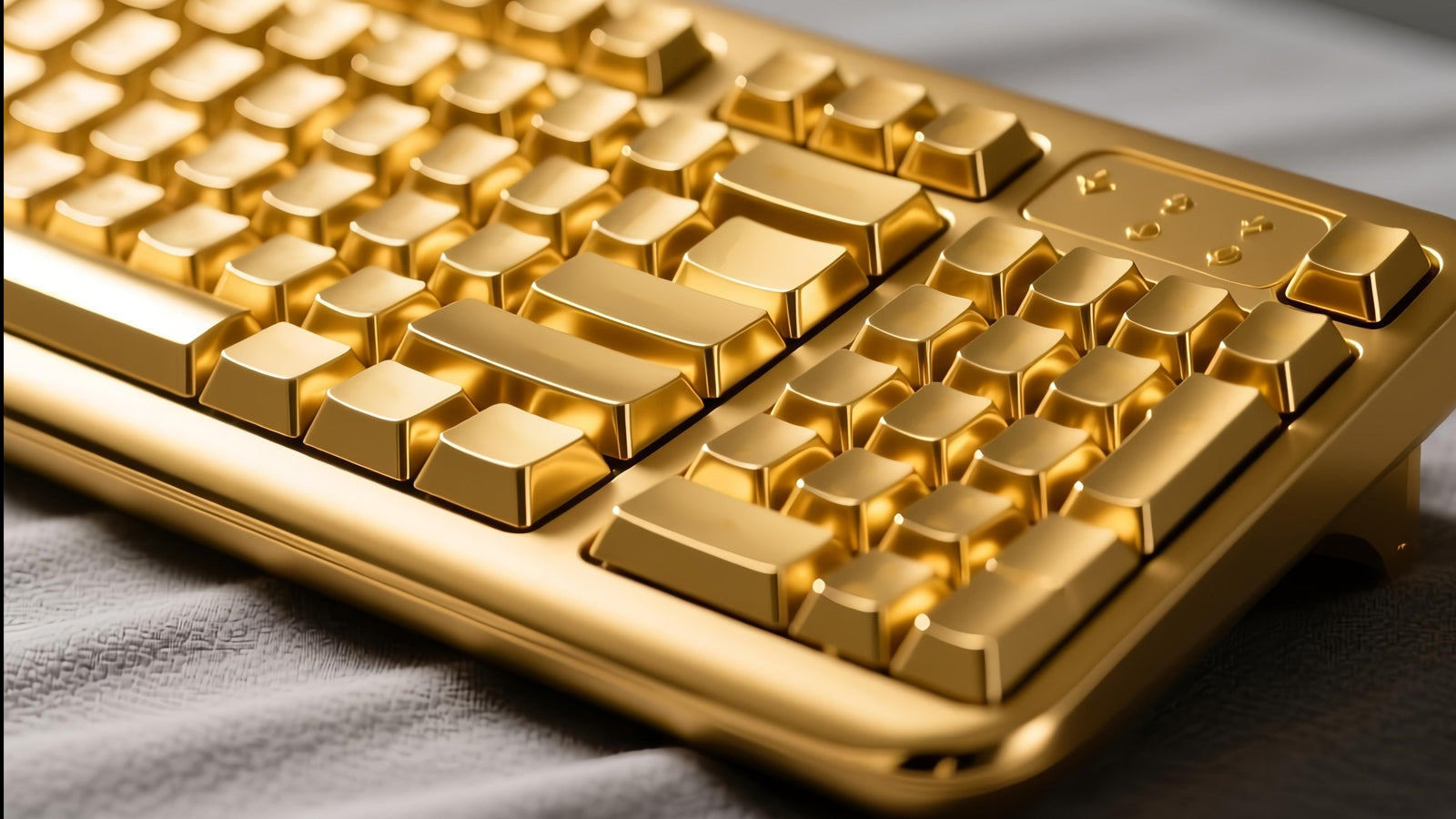 A close-up of a luxurious, shiny gold keyboard with keys shaped like small gold bars, resting on a soft gray surface