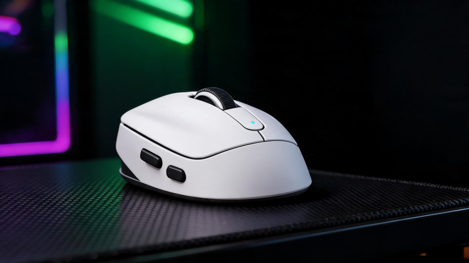 White wireless gaming mouse on a carbon-fiber desk in a dark RGB-lit gaming room