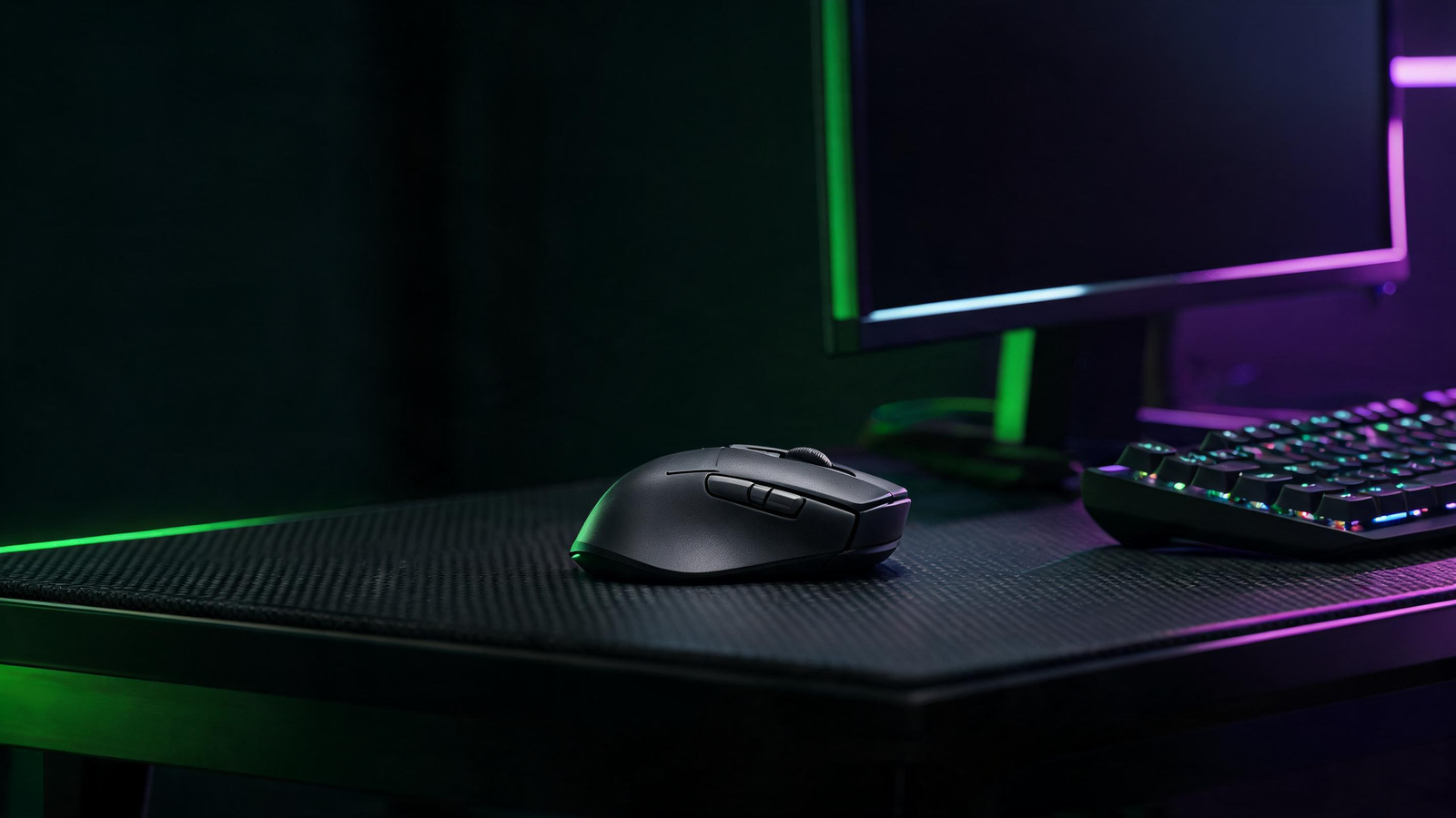 Gaming mouse staged on a dark esports desk with vivid green and purple lighting.