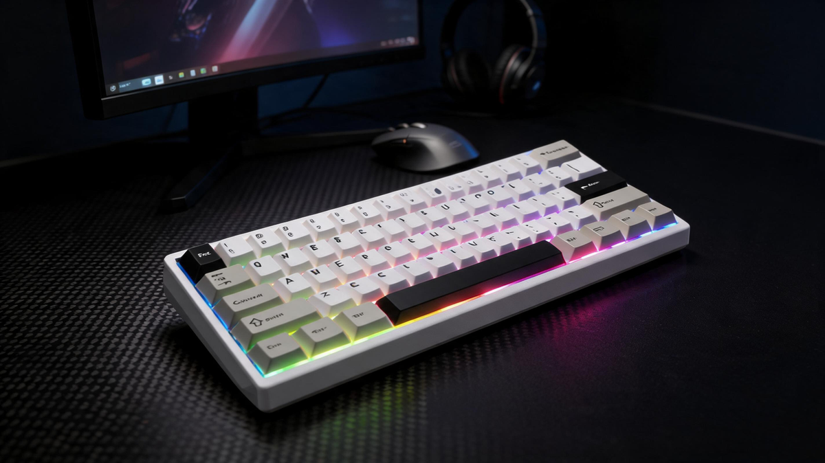 Compact 60% keyboard on a carbon-fiber desk beside a monitor in a dark gaming workspace, with colorful key lighting and open space on the right