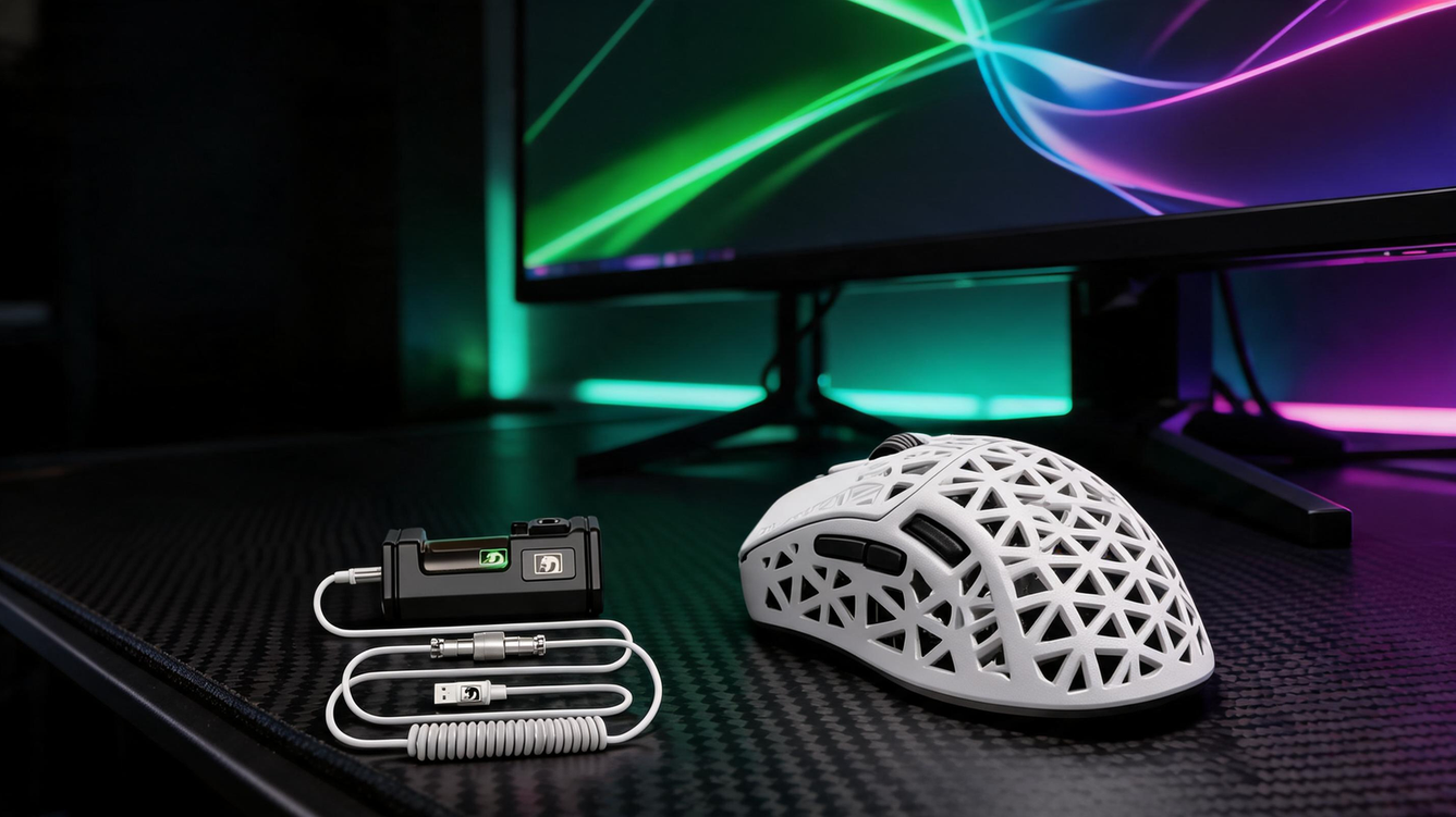Gaming mouse on a carbon-fiber desk in a dark RGB-lit esports room beside a high-refresh monitor showing smooth performance traces