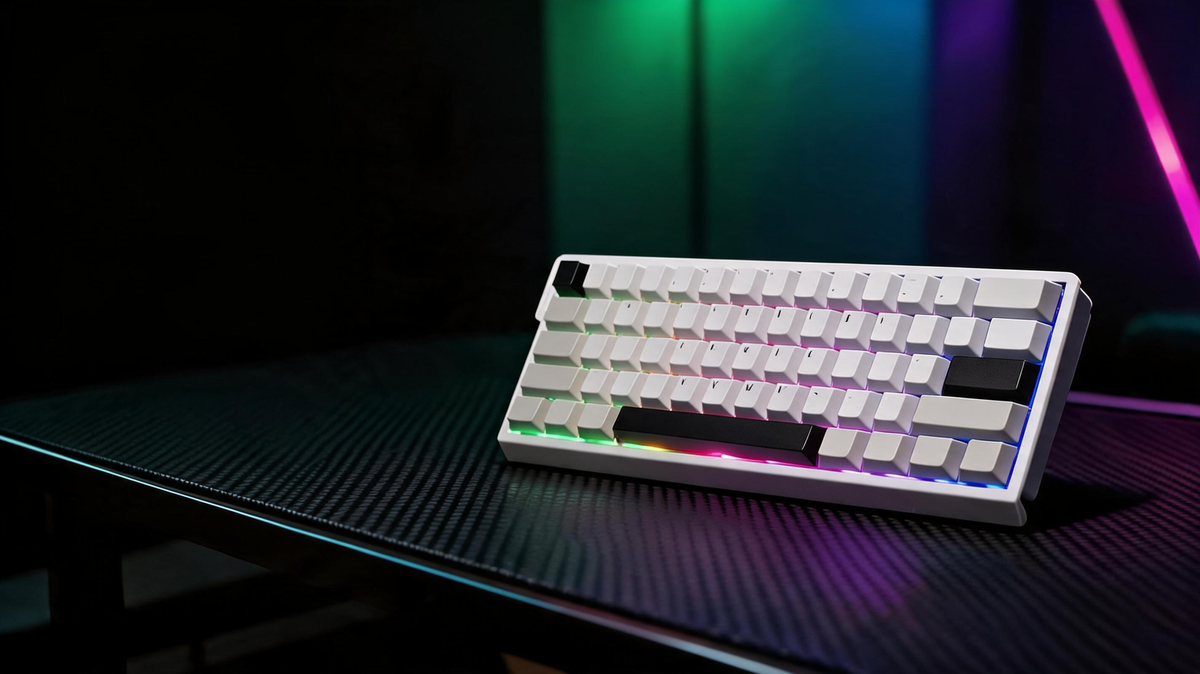 Rapid-trigger gaming keyboard glowing on a carbon-fiber desk in a dark esports room with open space for headline placement