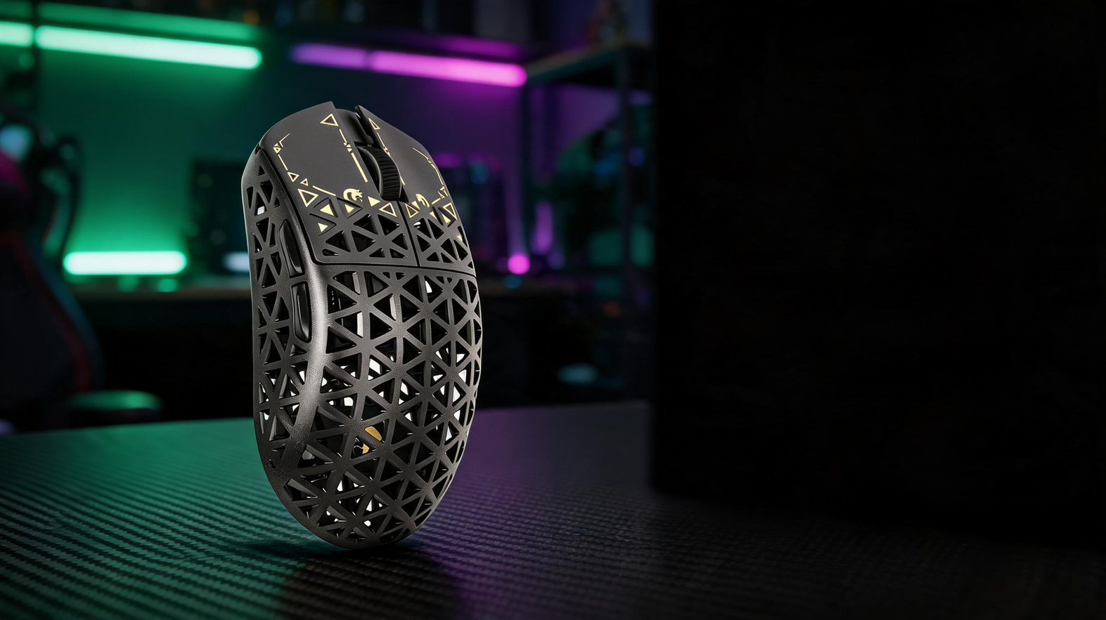Featured gaming mouse on a carbon-fiber desk in a neon-lit gaming room