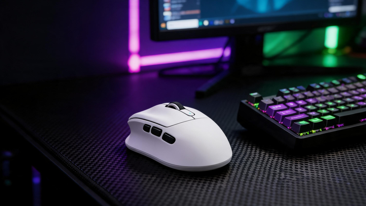Wireless gaming mouse on a carbon-fiber gaming desk beside a monitor and keyboard, surrounded by saturated purple and green lighting.
