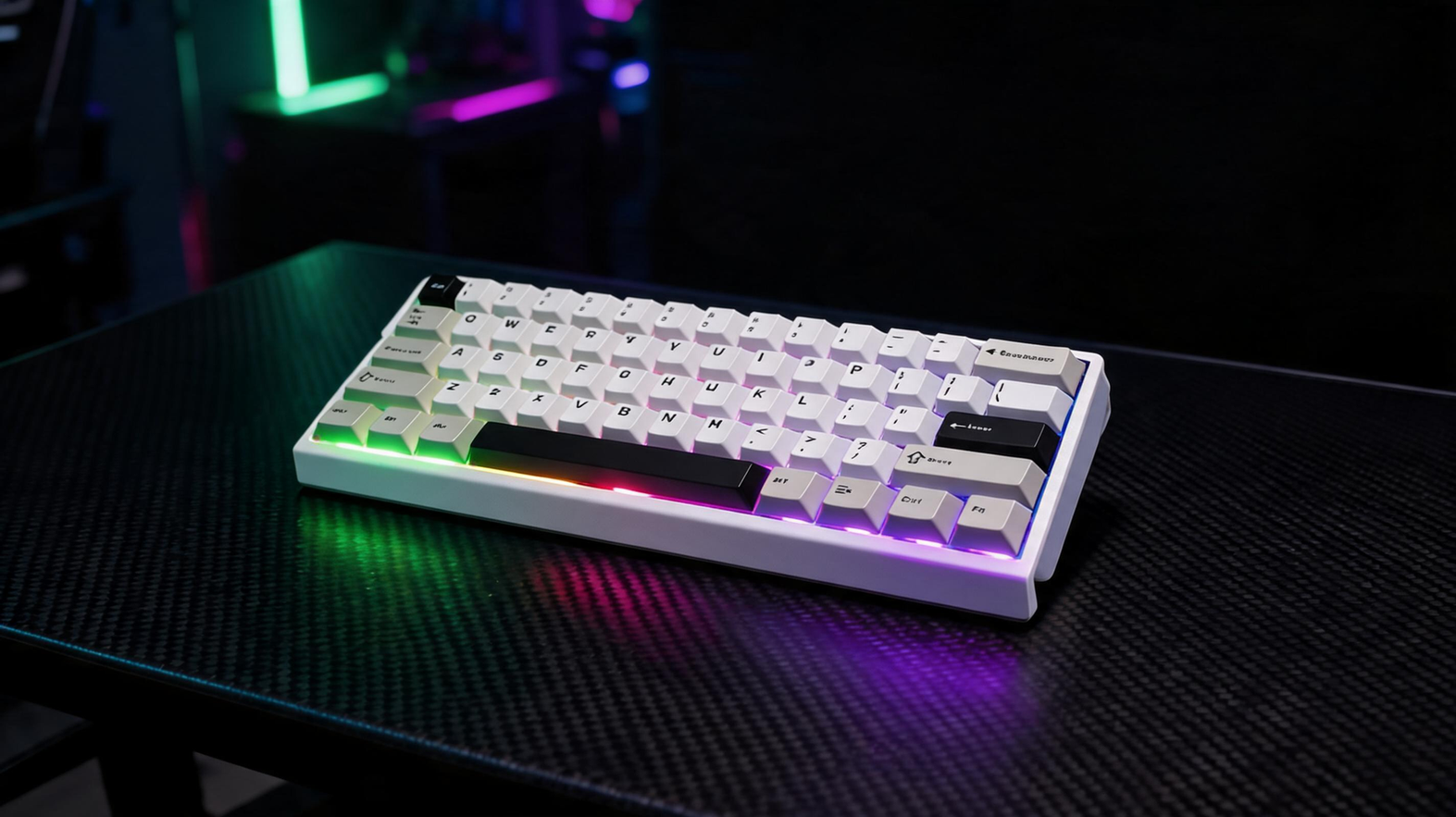 Compact RGB gaming keyboard on a carbon-fiber desk in a dark neon-lit gaming room