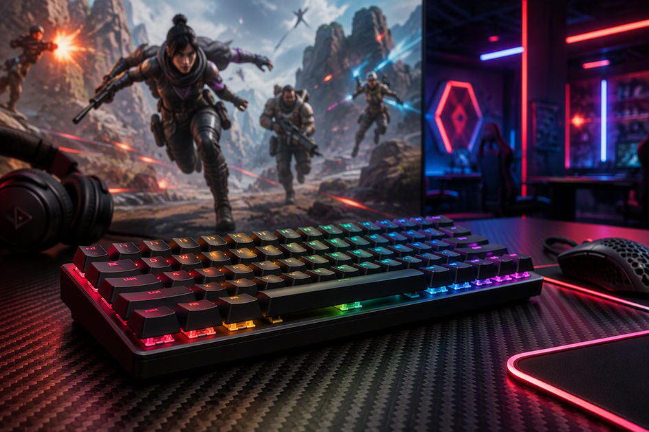 Hall effect gaming keyboard on a carbon-fiber desk in a neon-lit esports room