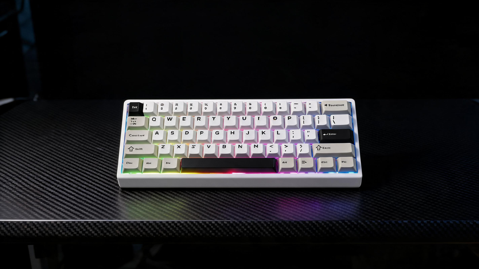 Compact gaming keyboard resting on a carbon-fiber desk in a neon-lit gaming setup