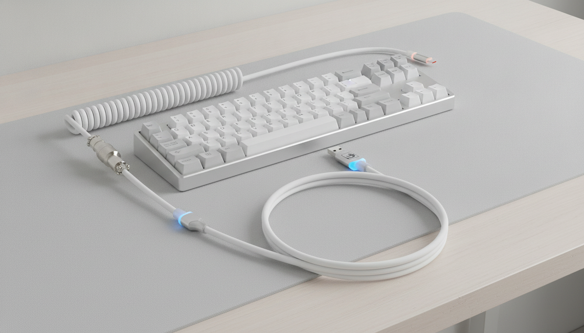 Coiled keyboard cable arranged with a detachable connector and USB plug beside a mechanical keyboard on a clean desk.