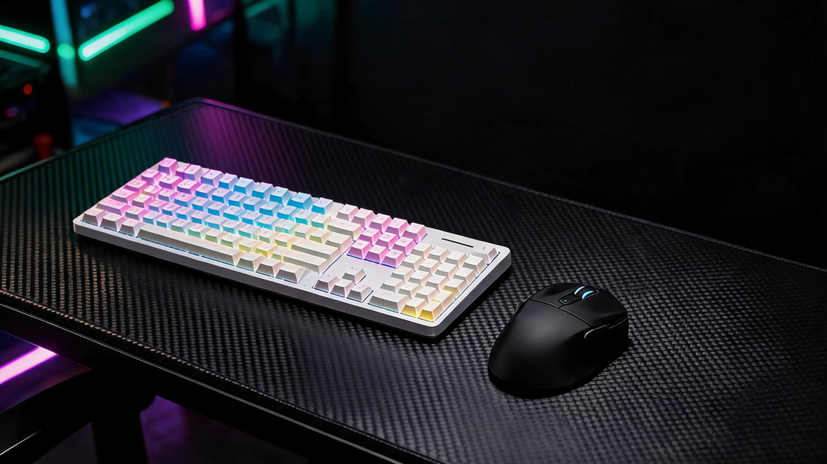 Gaming mouse and magnetic gaming keyboard arranged on a carbon-fiber desk in a neon-lit esports room
