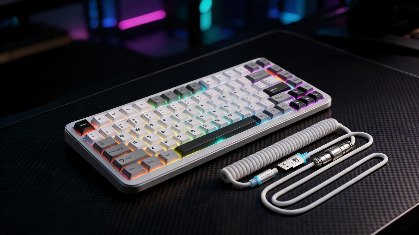 White RGB gaming keyboard resting on a carbon-fiber desk beside a coiled cable in a dark esports room
