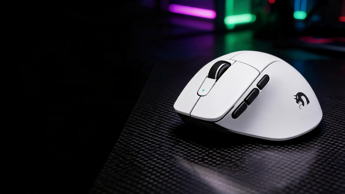 Lightweight gaming mouse resting on a dark esports desk with vivid green and purple lighting