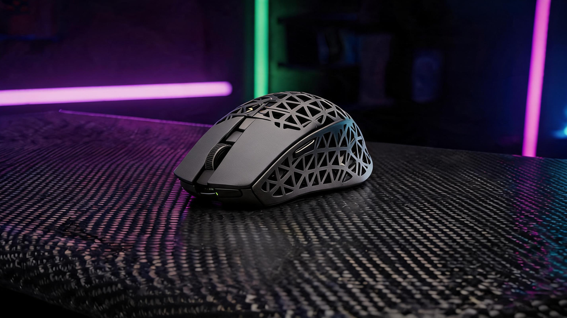 Gaming mouse staged on a carbon-fiber desk in a dark esports room with vivid purple and green lighting