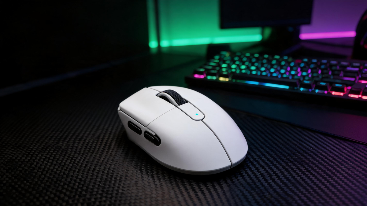 Gaming mouse resting on a carbon-fiber desk in a dark RGB-lit esports room, with the setup framed to leave open space on one side.
