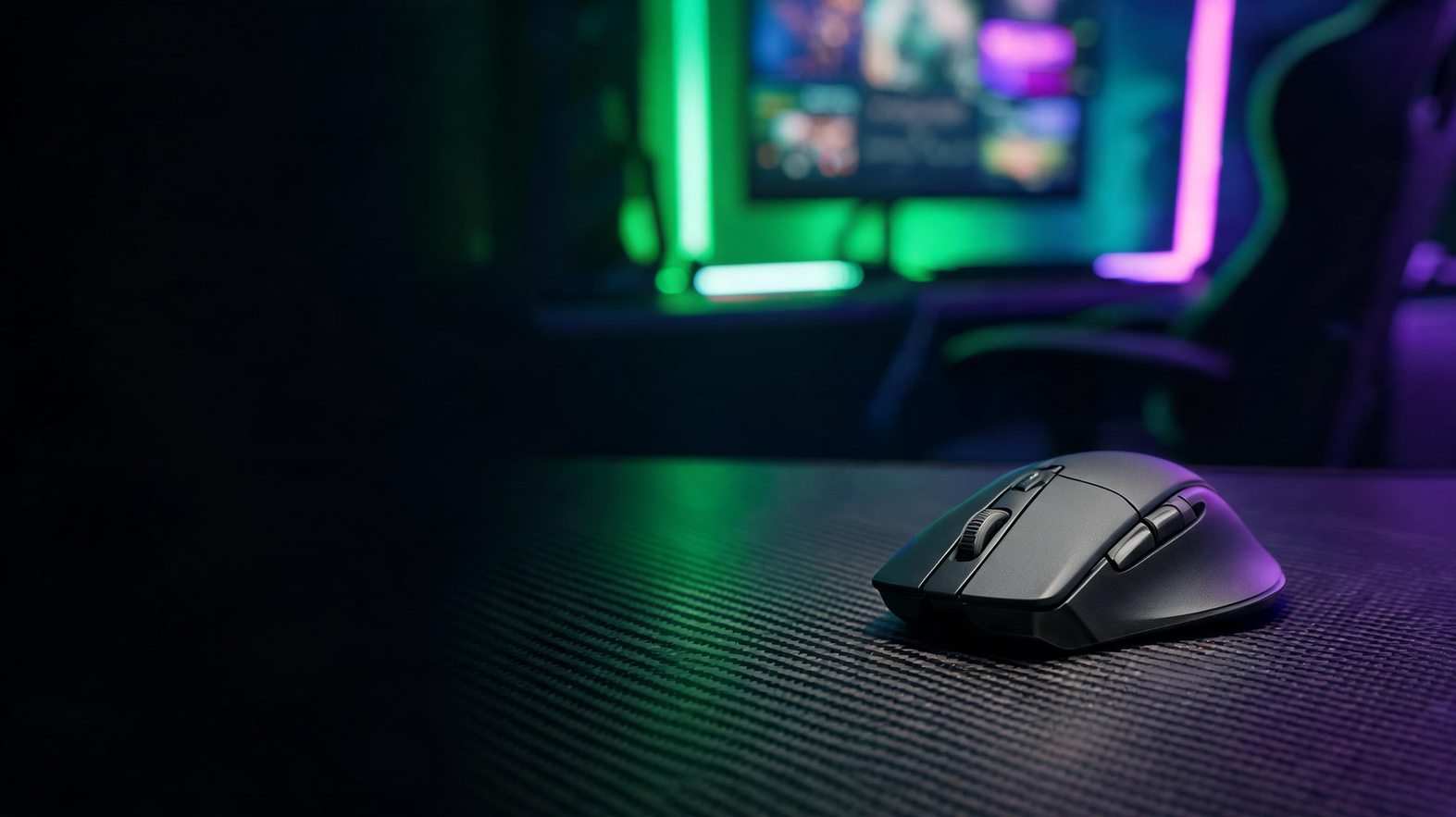 Gaming mouse staged on an esports desk with neon lighting and open space for a headline.