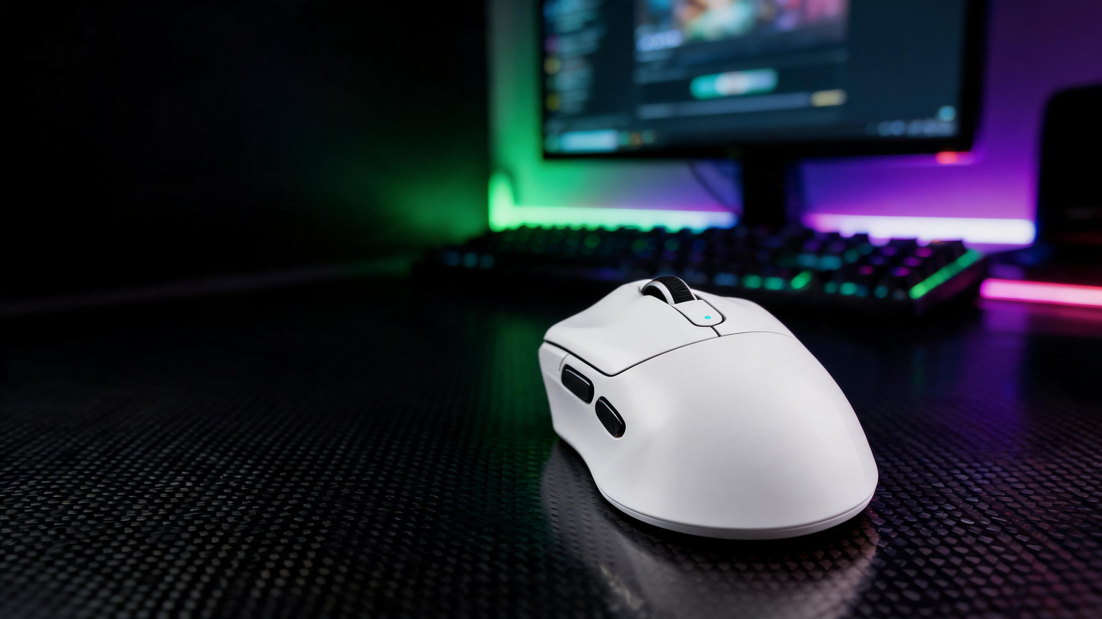Lightweight gaming mouse on a carbon-fiber desk beside a glowing monitor in a dark esports room
