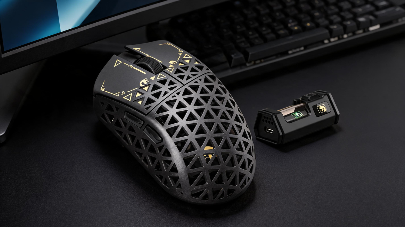 MAMBASNAKE M5 Ultra wireless gaming mouse beside its wireless receiver on a gaming desk