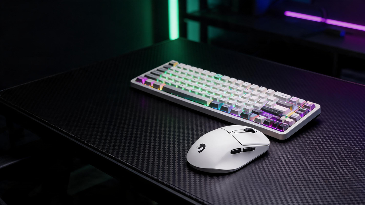 Wireless gaming keyboard and mouse arranged on a carbon-fiber desk with vivid green and purple RGB lighting