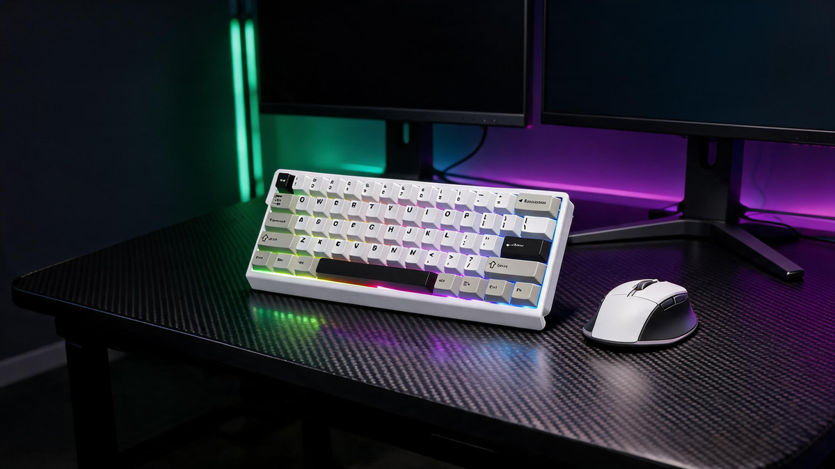 Dark dual-PC gaming workstation with a wireless keyboard, two monitors, and contrasting neon green and purple lighting