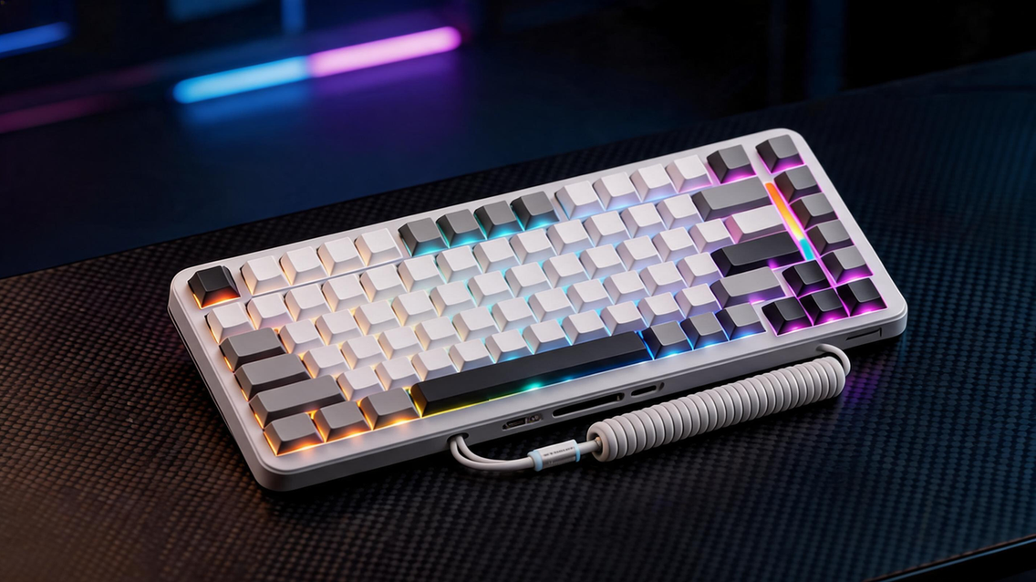 Magnetic gaming keyboard glowing on a carbon-fiber desk in a dark esports setup