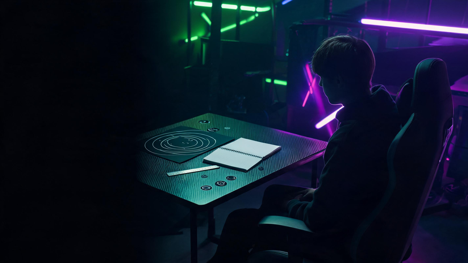 Gamer seated in a dark neon-lit room beside a desk with a circular mouse-movement diagram and measurement tools