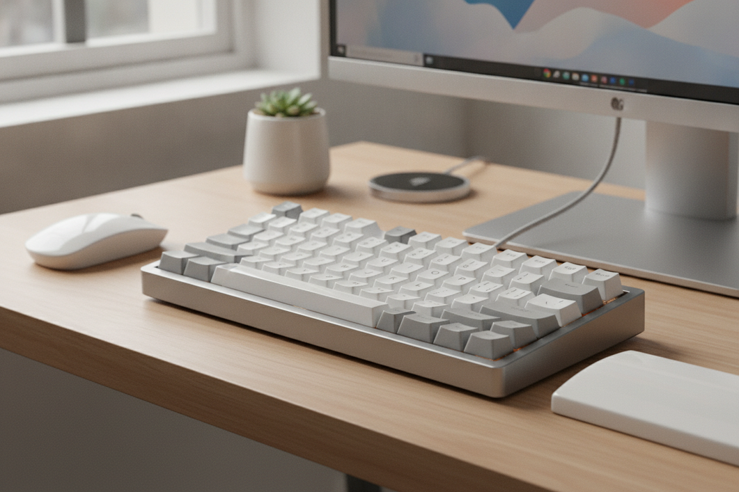 A mechanical keyboard with ceramic keycaps on a clean desk, shown as a premium desktop setup with soft natural light
