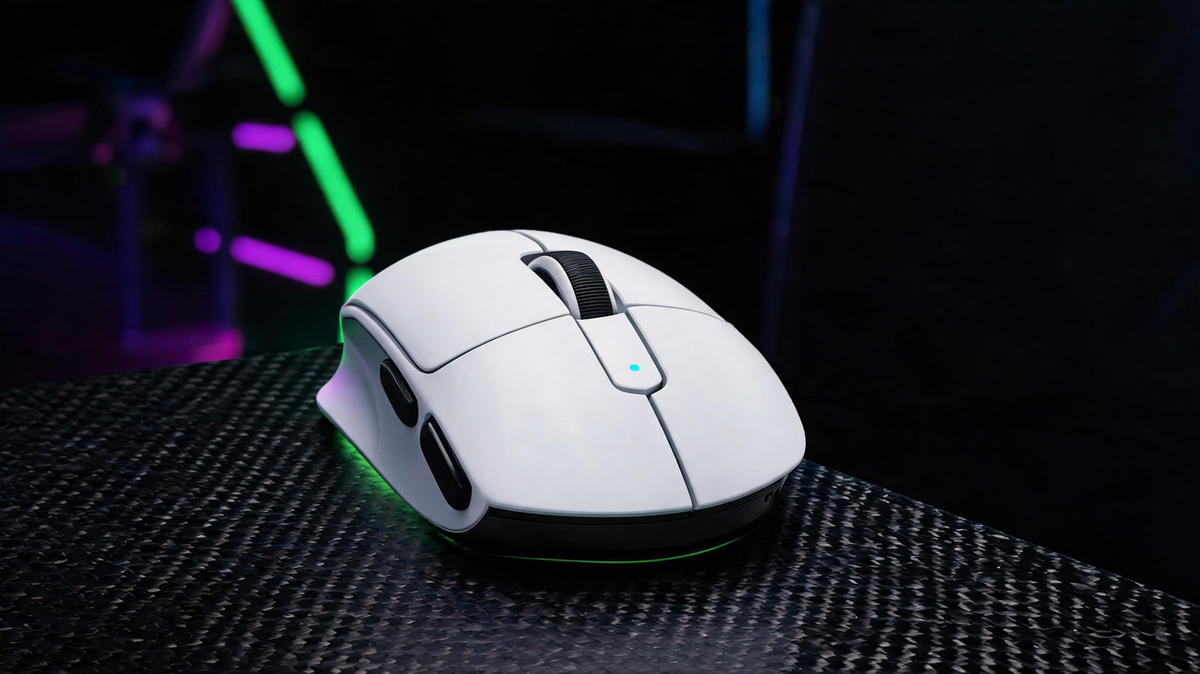 Lightweight gaming mouse on a carbon-fiber desk in a neon-lit gaming room