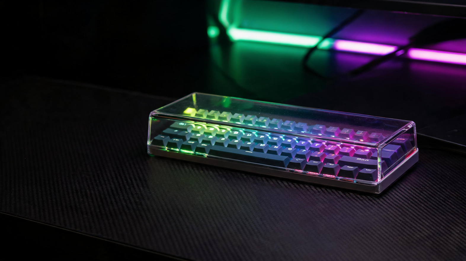 Transparent acrylic keyboard dust cover over a glowing keyboard in a dark gaming setup