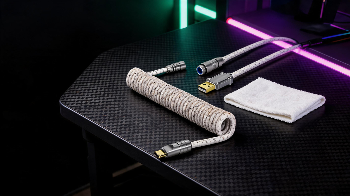Coiled keyboard cable resting on a carbon-fiber gaming desk beside a dry cleaning cloth, with visible dirt on the sleeve.