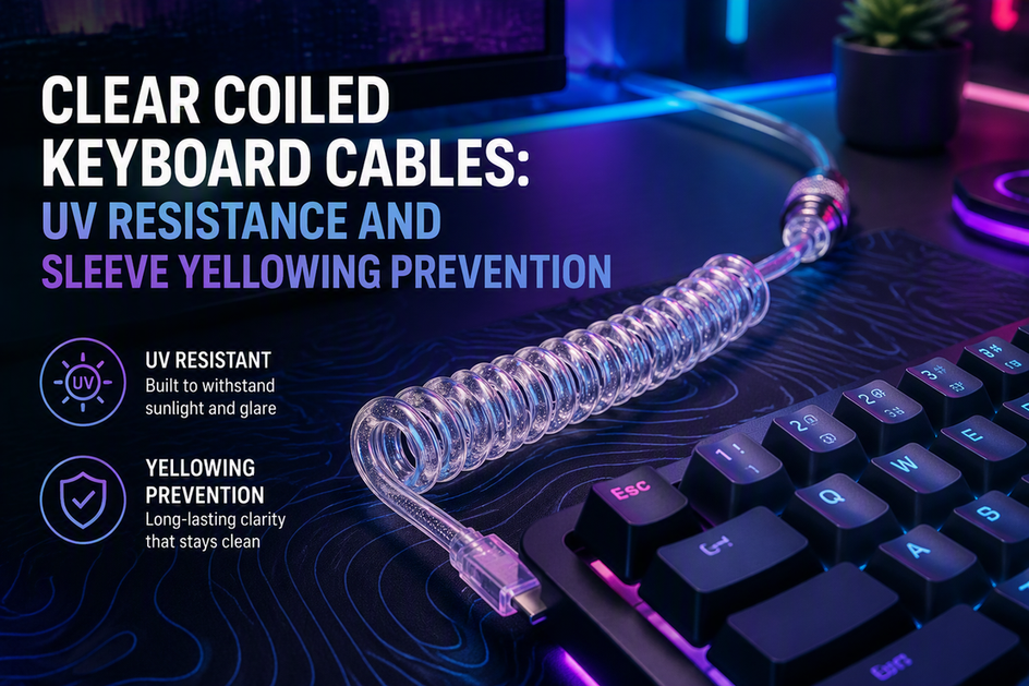 Clear coiled keyboard cable connecting a mechanical keyboard on a neon-lit gaming desk