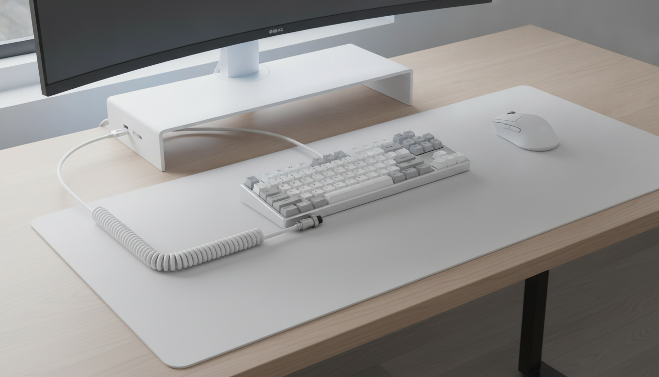 Coiled keyboard cable arranged neatly beside a gaming keyboard on a desk