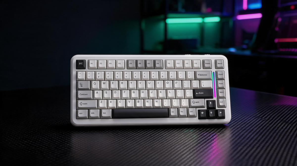 M82 HE gaming keyboard glowing on a carbon-fiber desk in a dark RGB gaming room