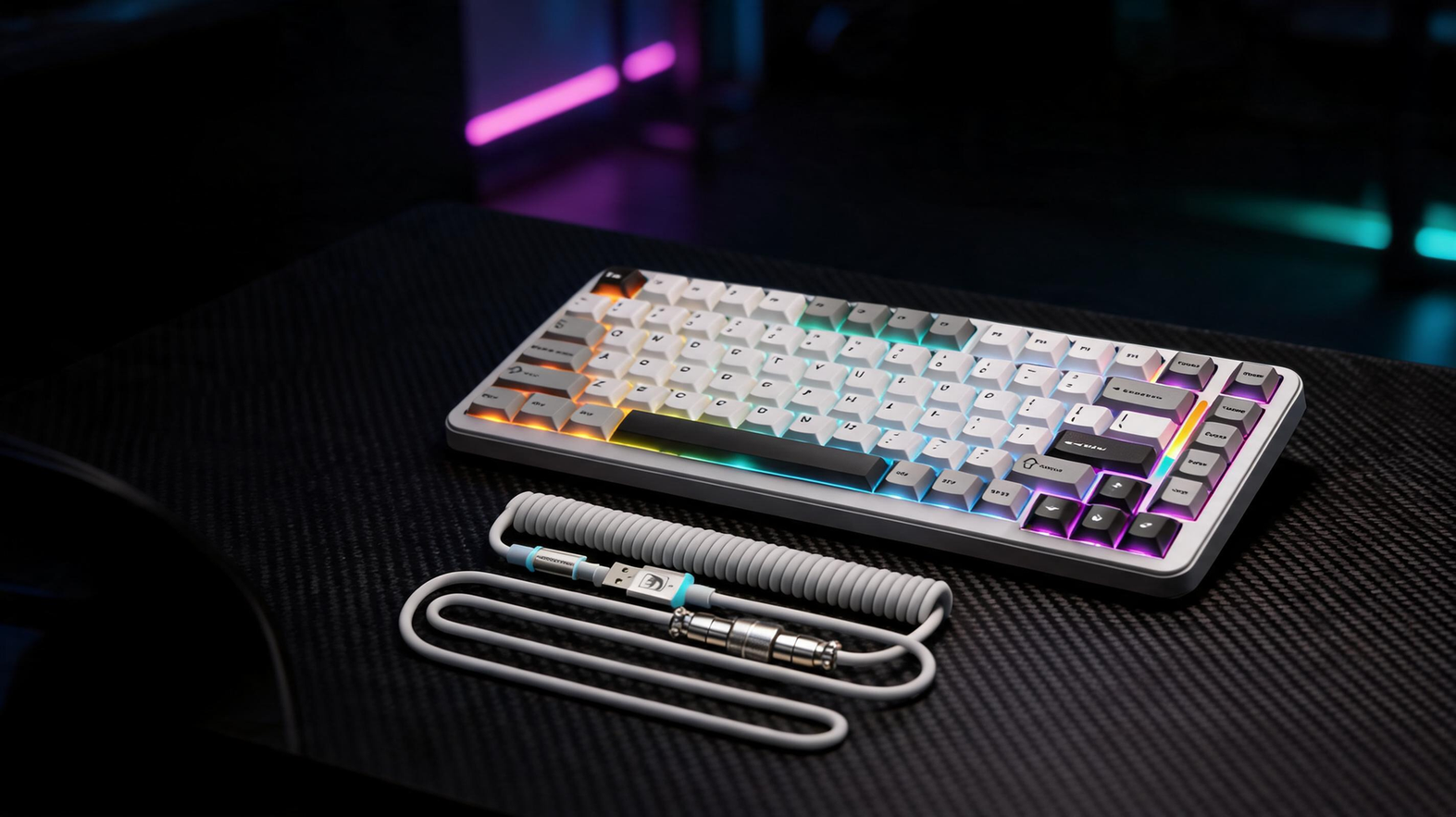 Compact gaming keyboard glowing on a carbon-fiber desk in a dark esports room
